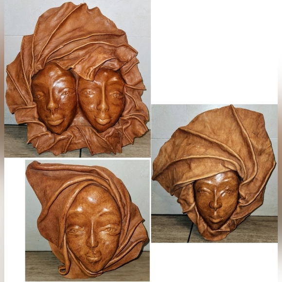 Haitian Vintage Folk Art Leather Faces Masks Set Of 3 - Picture 1 of 16